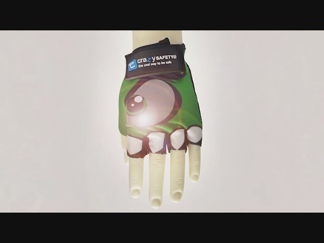 Green Comfortable and Stylish Bicycle Gloves for Kids with Reflective Eye Design, Offering Safety and Fun on Every Ride