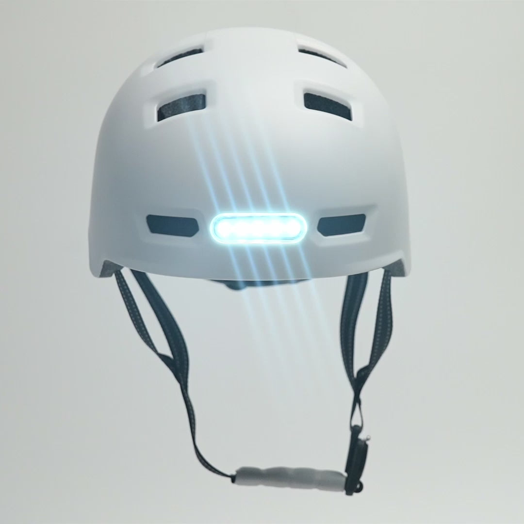 White Bicycle Helmet with Built-In Rechargeable Front and Rear Lights, Designed for Enhanced Visibility and Safety for Both Men and Women