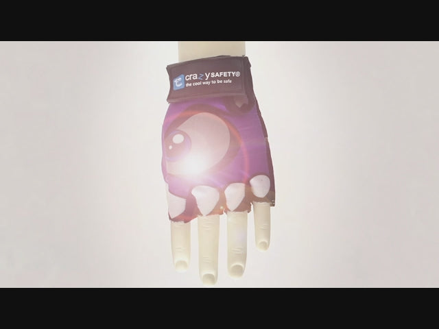 Purple Comfortable and Stylish Bicycle Gloves for Kids with Reflective Eye Design, Offering Safety and Fun on Every Ride
